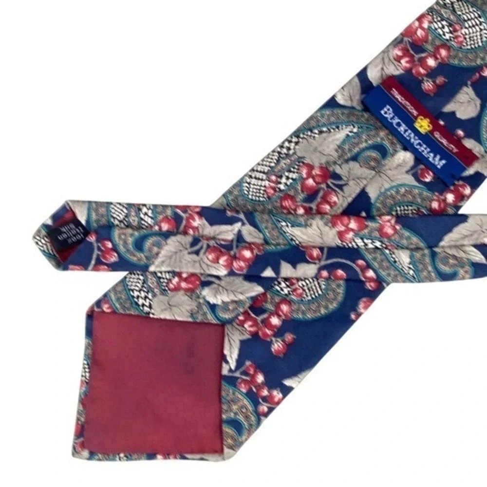 Buckingham Silk Tie Mens Blue Red Paisley‎ Floral Berries Italian Silk
